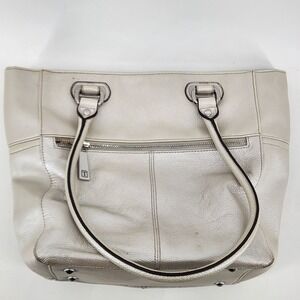 Tignanello Leather Tote Bag Beige Shoulder Purse Large Pebbled Leather